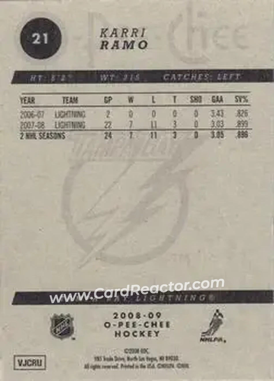 2008-09 O-Pee-Chee #21 - Karri Ramo - Tampa Bay Lightning - Back