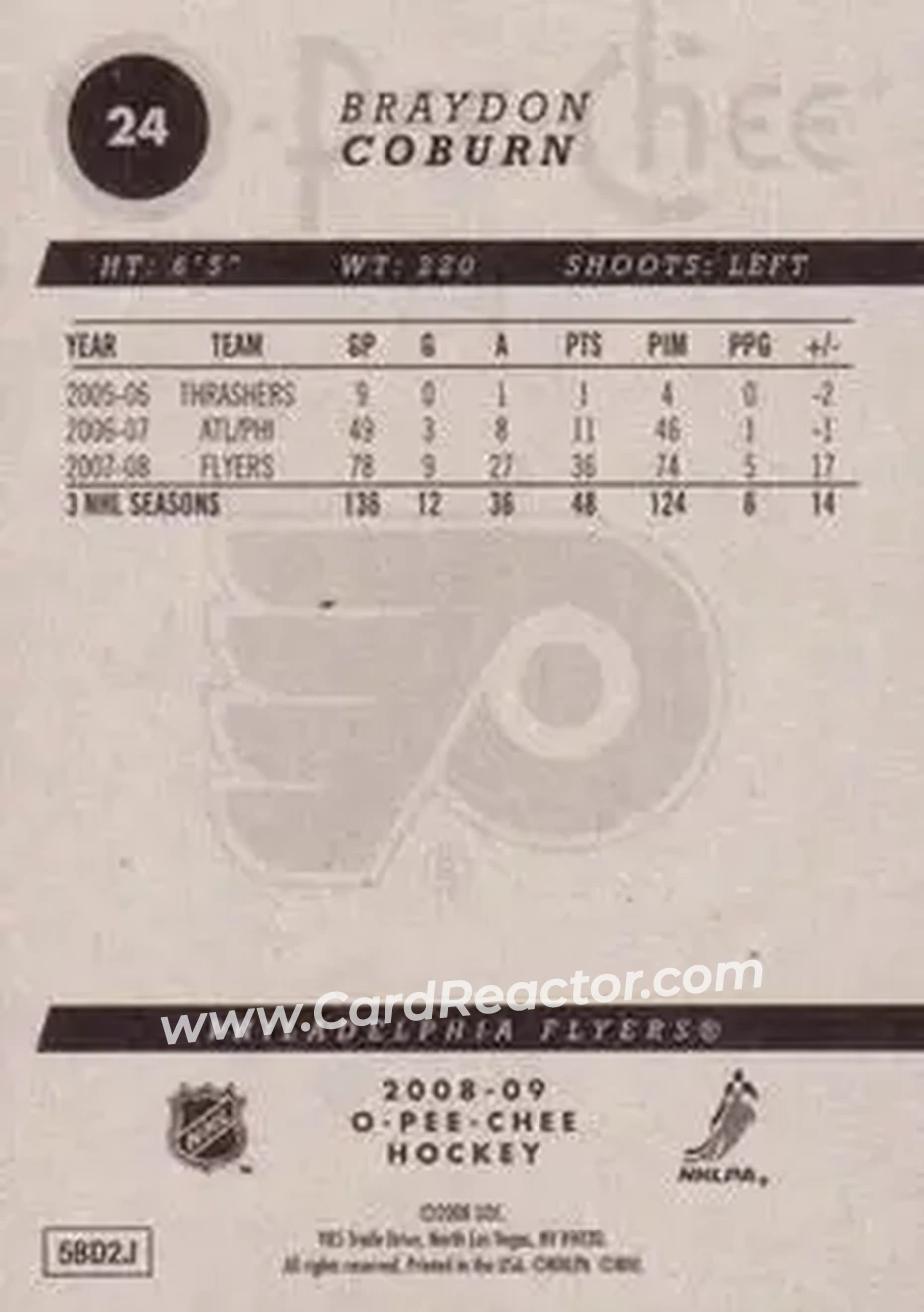 2008-09 O-Pee-Chee #24 - Braydon Coburn - Philadelphia Flyers - Back