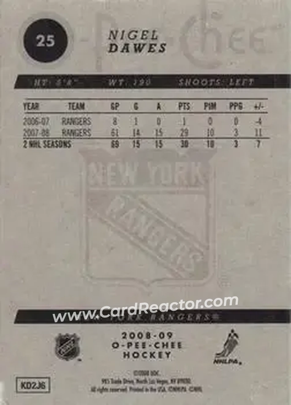 2008-09 O-Pee-Chee #25 - Nigel Dawes - New York Rangers - Back