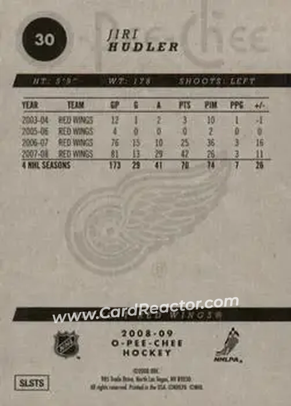 2008-09 O-Pee-Chee #30 - Jiri Hudler - Detroit Red Wings - Back