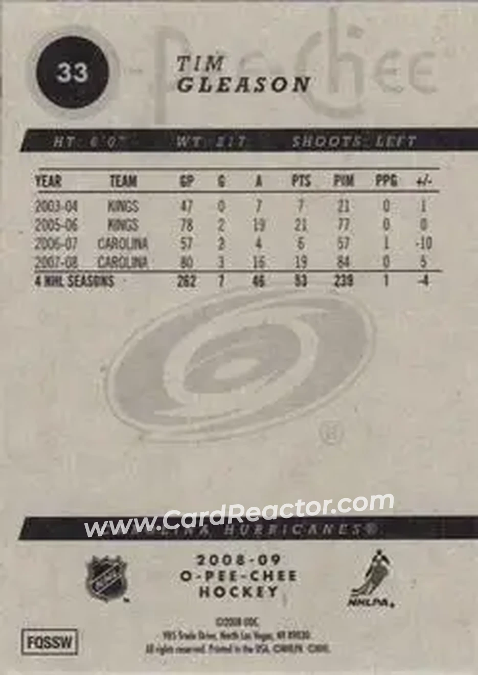 2008-09 O-Pee-Chee #33 - Tim Gleason - Carolina Hurricanes - Back