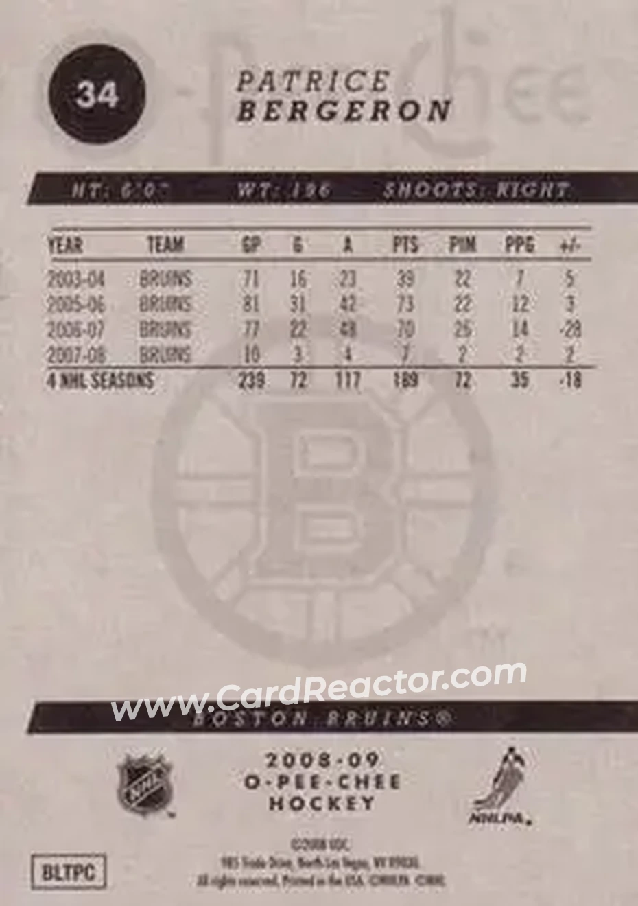 2008-09 O-Pee-Chee #34 - Patrice Bergeron - Boston Bruins - Back