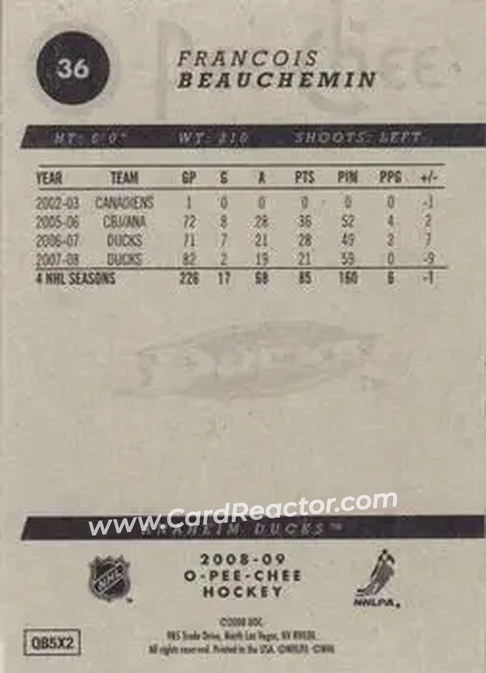 2008-09 O-Pee-Chee #36 - Francois Beauchemin - Anaheim Ducks - Back