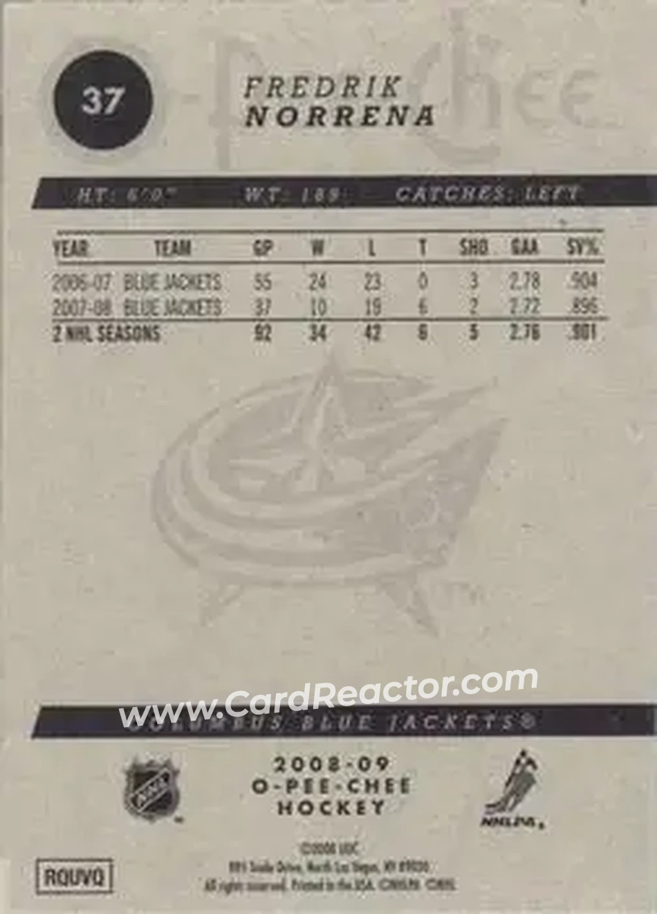 2008-09 O-Pee-Chee #37 - Fredrik Norrena - Columbus Blue Jackets - Back