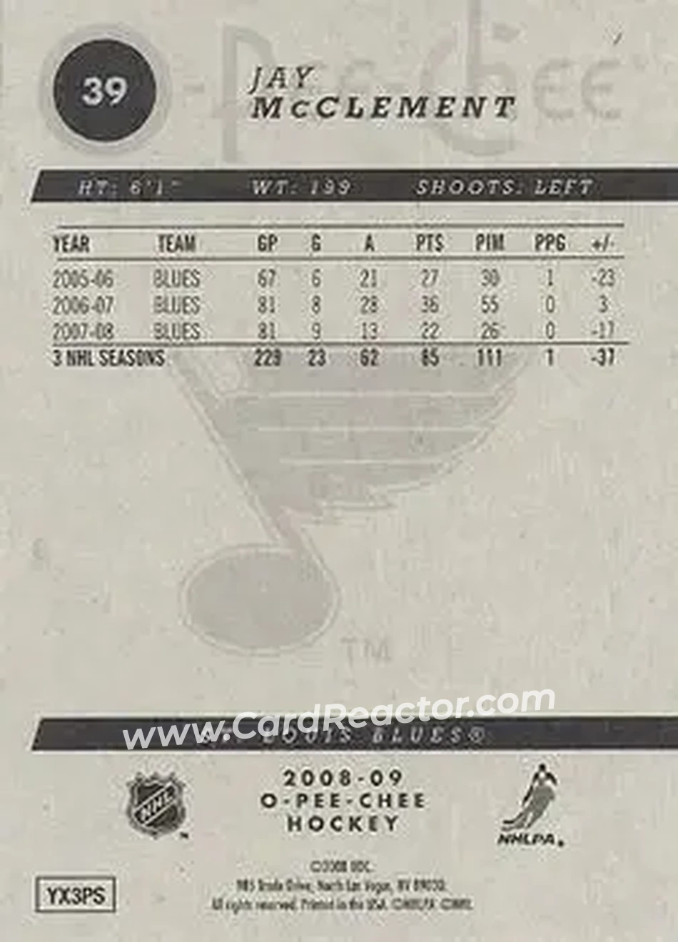 2008-09 O-Pee-Chee #39 - Jay McClement - St. Louis Blues - Back