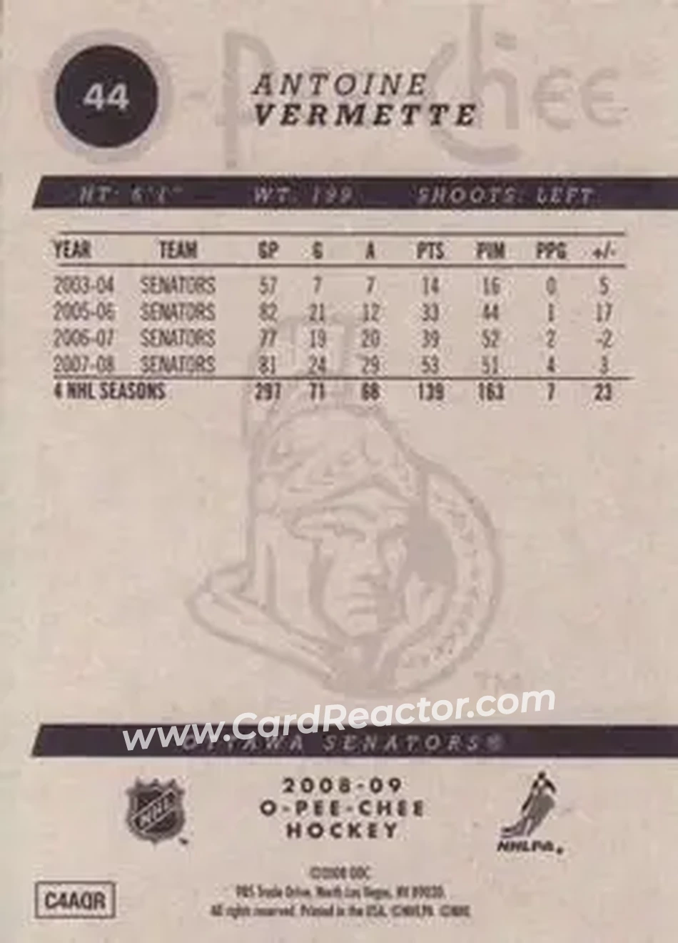 2008-09 O-Pee-Chee #44 - Antoine Vermette - Ottawa Senators - Back