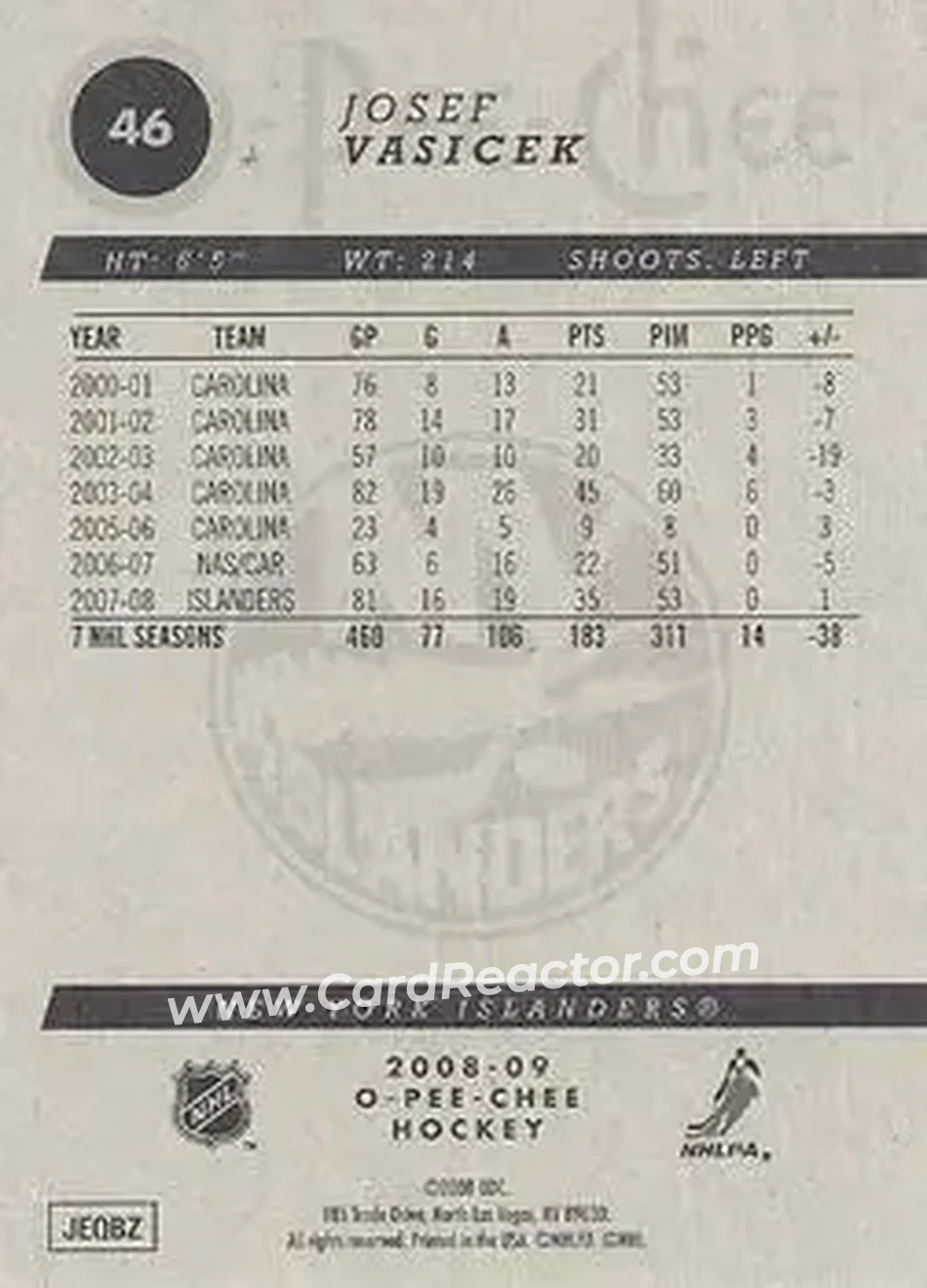 2008-09 O-Pee-Chee #46 - Josef Vasicek - New York Islanders - Back