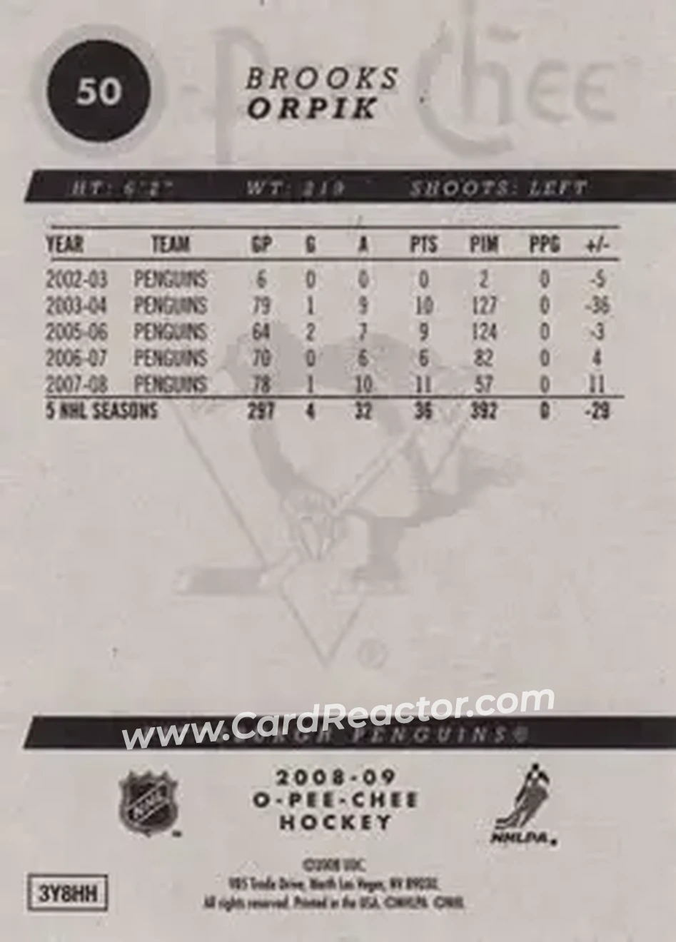2008-09 O-Pee-Chee #50 - Brooks Orpik - Pittsburgh Penguins - Back