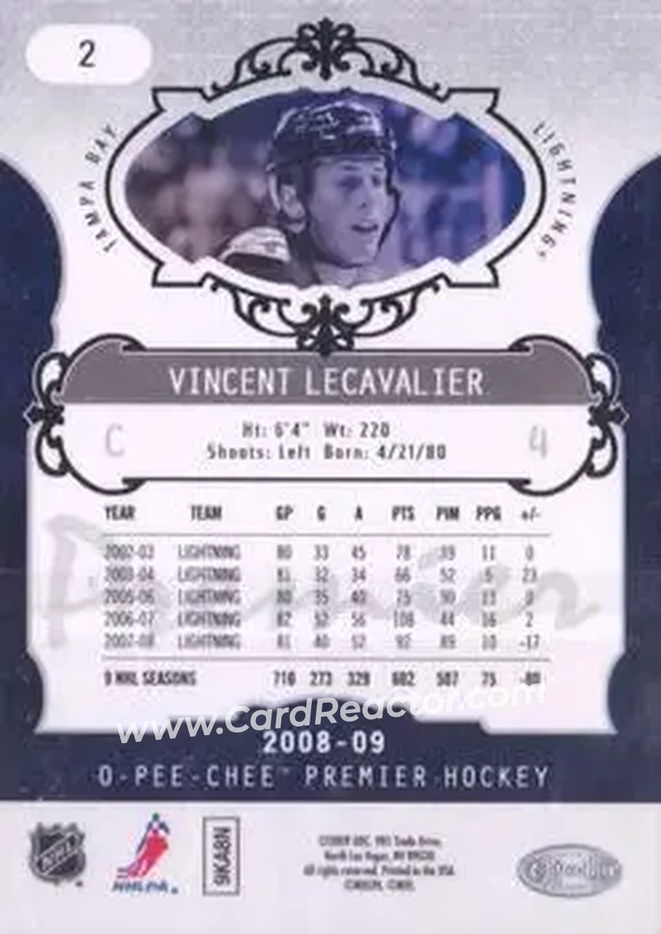 2008-09 O-Pee-Chee Premier #2 - Vincent Lecavalier - Tampa Bay Lightning - Back