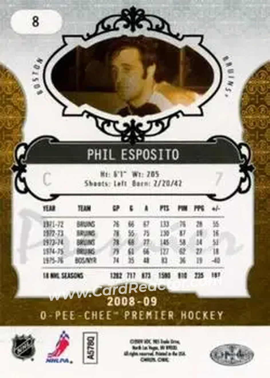 2008-09 O-Pee-Chee Premier #8 - Phil Esposito - Boston Bruins - Back