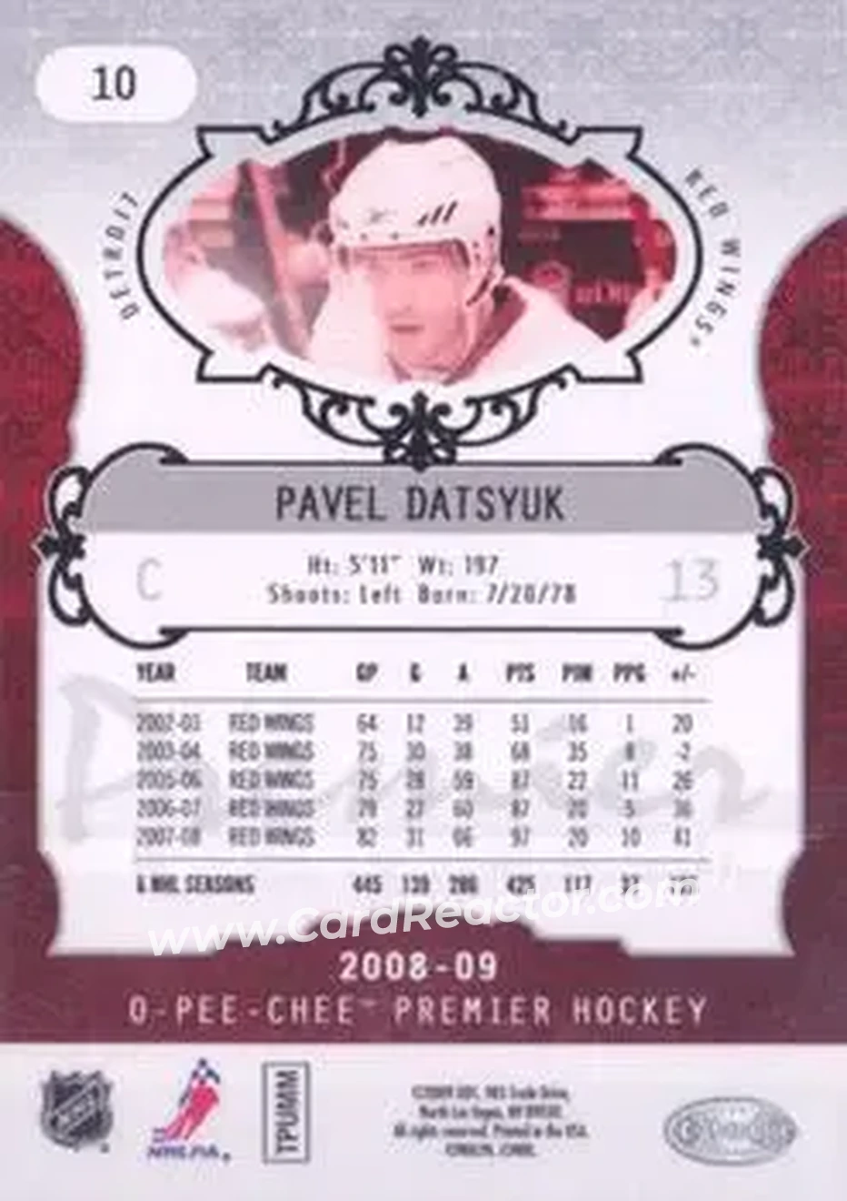 2008-09 O-Pee-Chee Premier #10 - Pavel Datsyuk - Detroit Red Wings - Back 2008-09 O-Pee-Chee Premier #10 - Pavel Datsyuk - Detroit Red Wings - Back