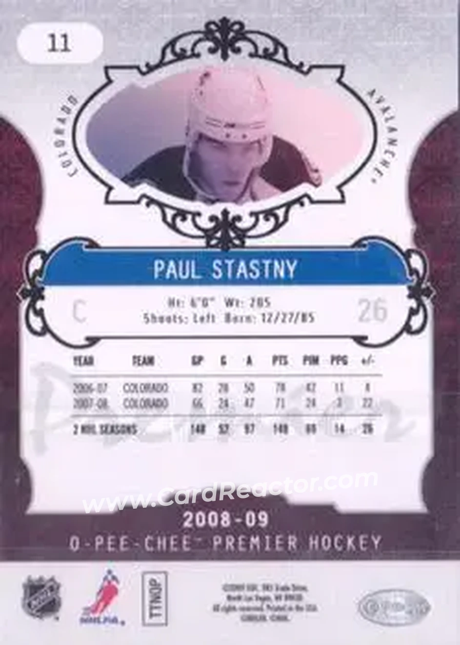 2008-09 O-Pee-Chee Premier #11 - Paul Stastny - Colorado Avalanche - Back 2008-09 O-Pee-Chee Premier #11 - Paul Stastny - Colorado Avalanche - Back