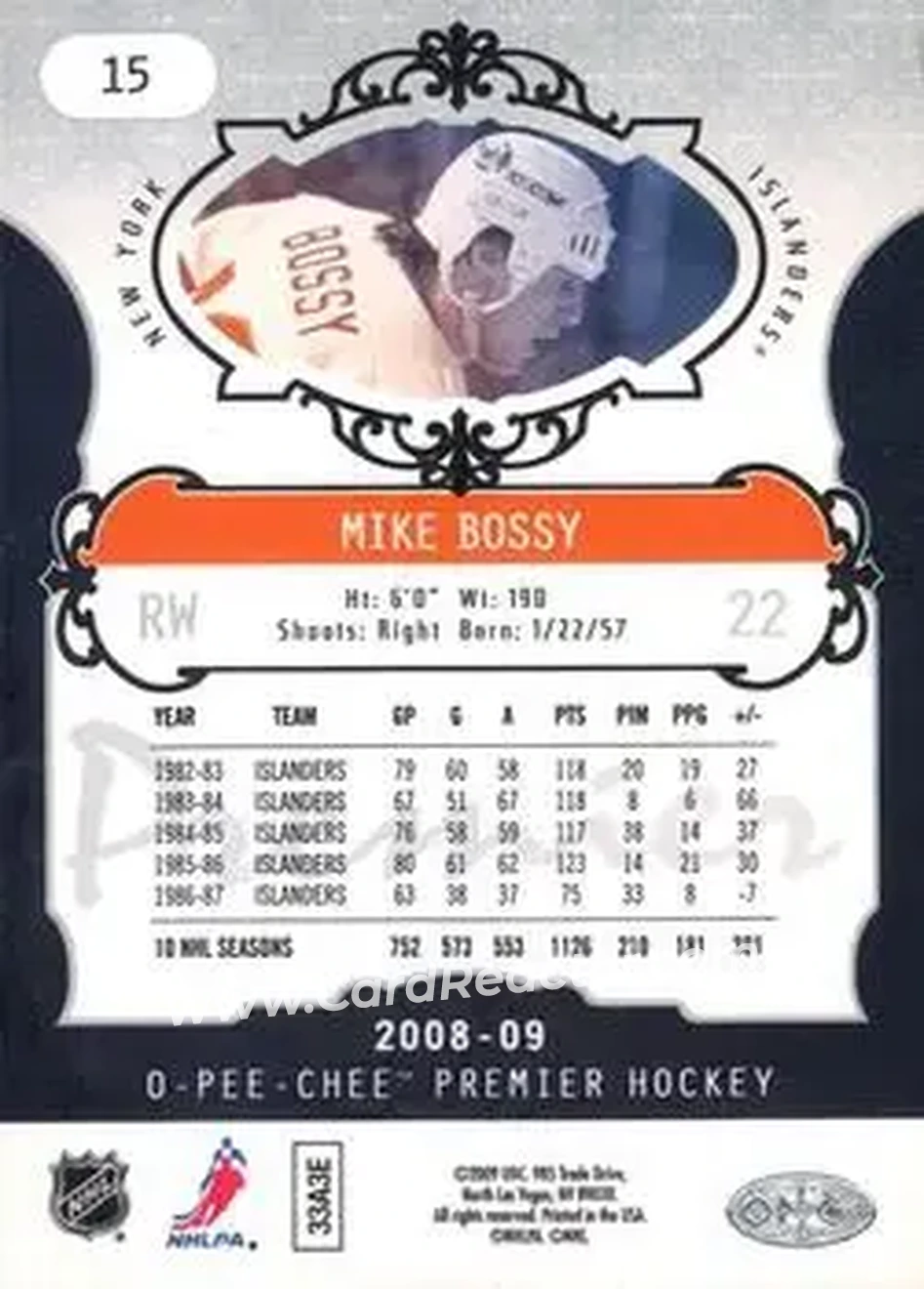 2008-09 O-Pee-Chee Premier #15 - Mike Bossy - New York Islanders - Back