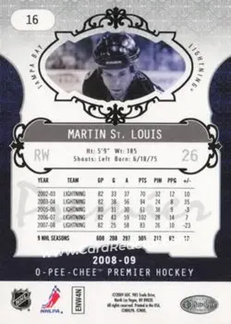 2008-09 O-Pee-Chee Premier #16 - Martin St. Louis - Tampa Bay Lightning - Back