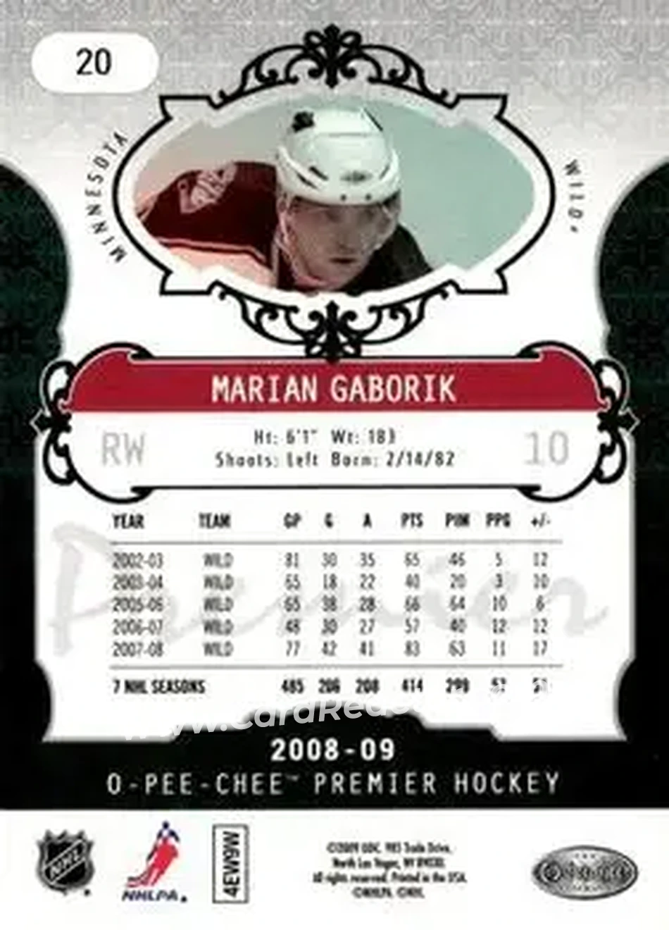 2008-09 O-Pee-Chee Premier #20 - Marian Gaborik - Minnesota Wild - Back
