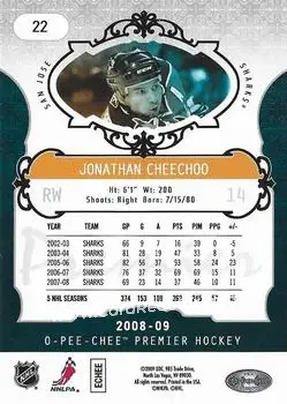 2008-09 O-Pee-Chee Premier #22 - Jonathan Cheechoo - San Jose Sharks - Back