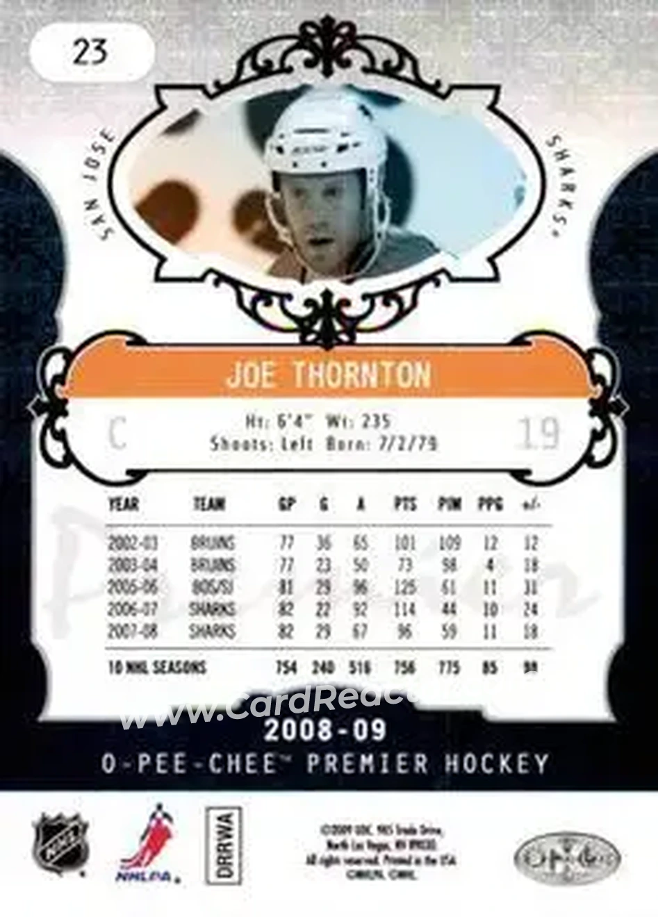 2008-09 O-Pee-Chee Premier #23 - Joe Thornton - San Jose Sharks - Back