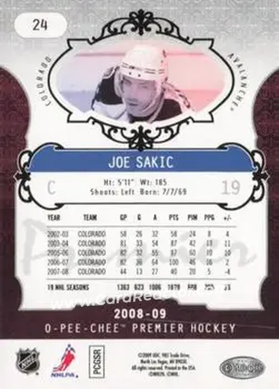 2008-09 O-Pee-Chee Premier #24 - Joe Sakic - Colorado Avalanche - Back 2008-09 O-Pee-Chee Premier #24 - Joe Sakic - Colorado Avalanche - Back