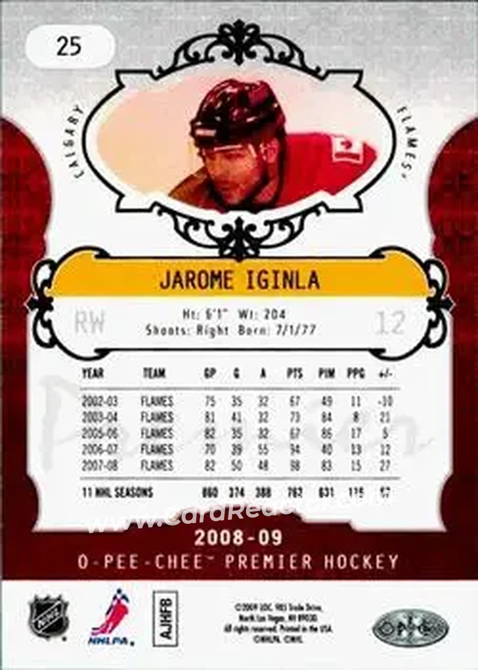 2008-09 O-Pee-Chee Premier #25 - Jarome Iginla - Calgary Flames - Back