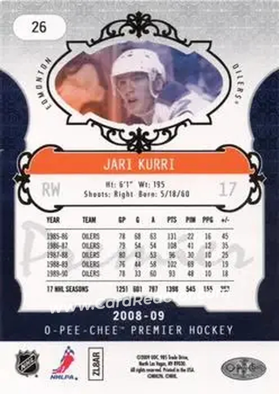 2008-09 O-Pee-Chee Premier #26 - Jari Kurri - Edmonton Oilers - Back