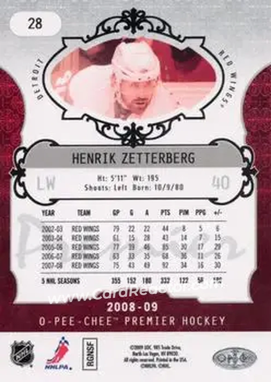 2008-09 O-Pee-Chee Premier #28 - Henrik Zetterberg - Detroit Red Wings - Back