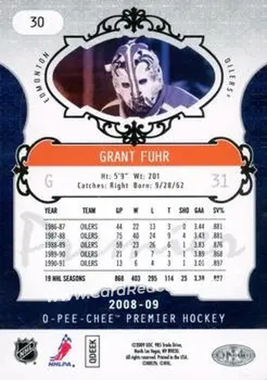 2008-09 O-Pee-Chee Premier #30 - Grant Fuhr - Edmonton Oilers - Back