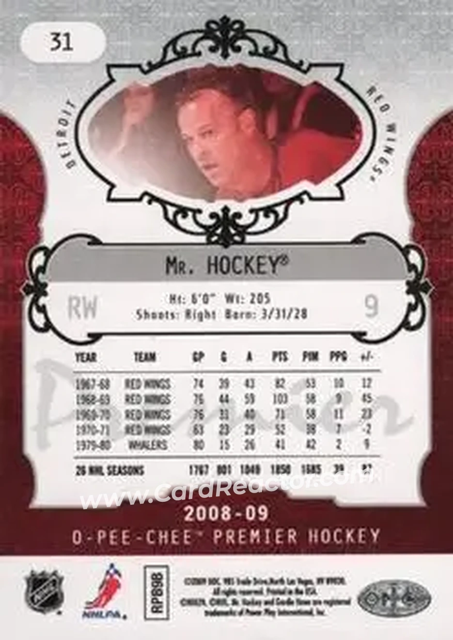 2008-09 O-Pee-Chee Premier #31 - Gordie Howe - Detroit Red Wings - Back