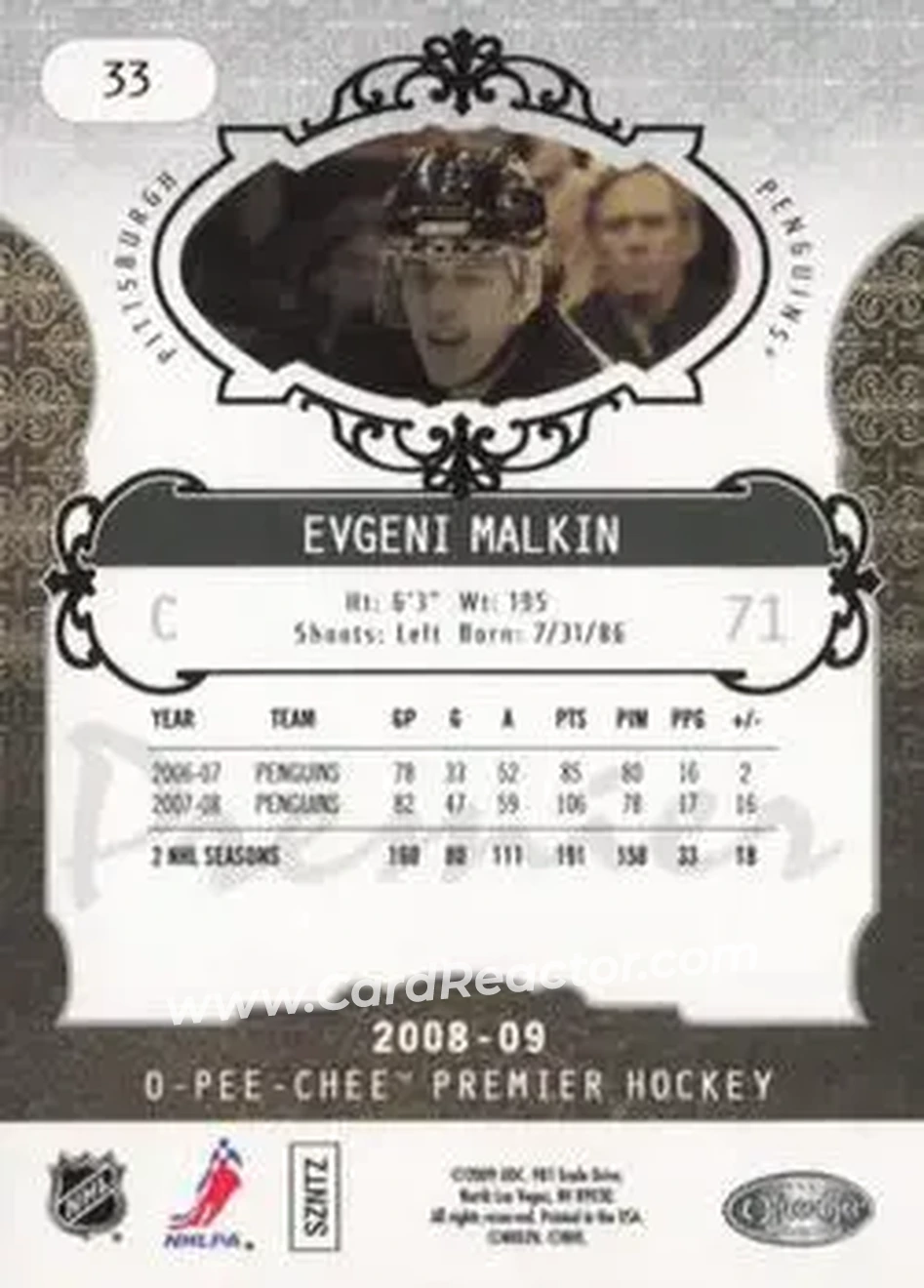 2008-09 O-Pee-Chee Premier #33 - Evgeni Malkin - Pittsburgh Penguins - Back