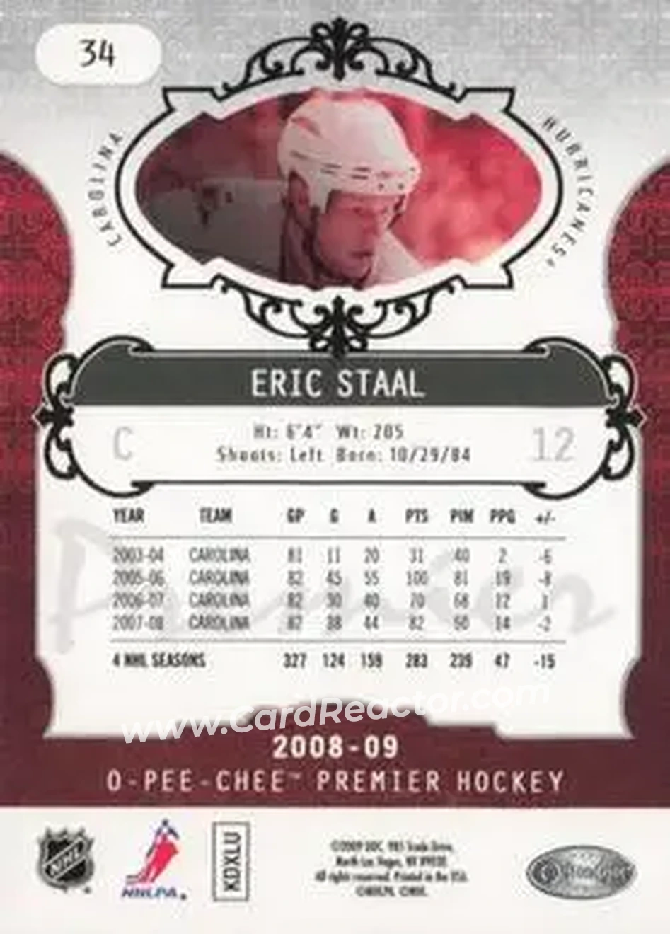 2008-09 O-Pee-Chee Premier #34 - Eric Staal - Carolina Hurricanes - Back