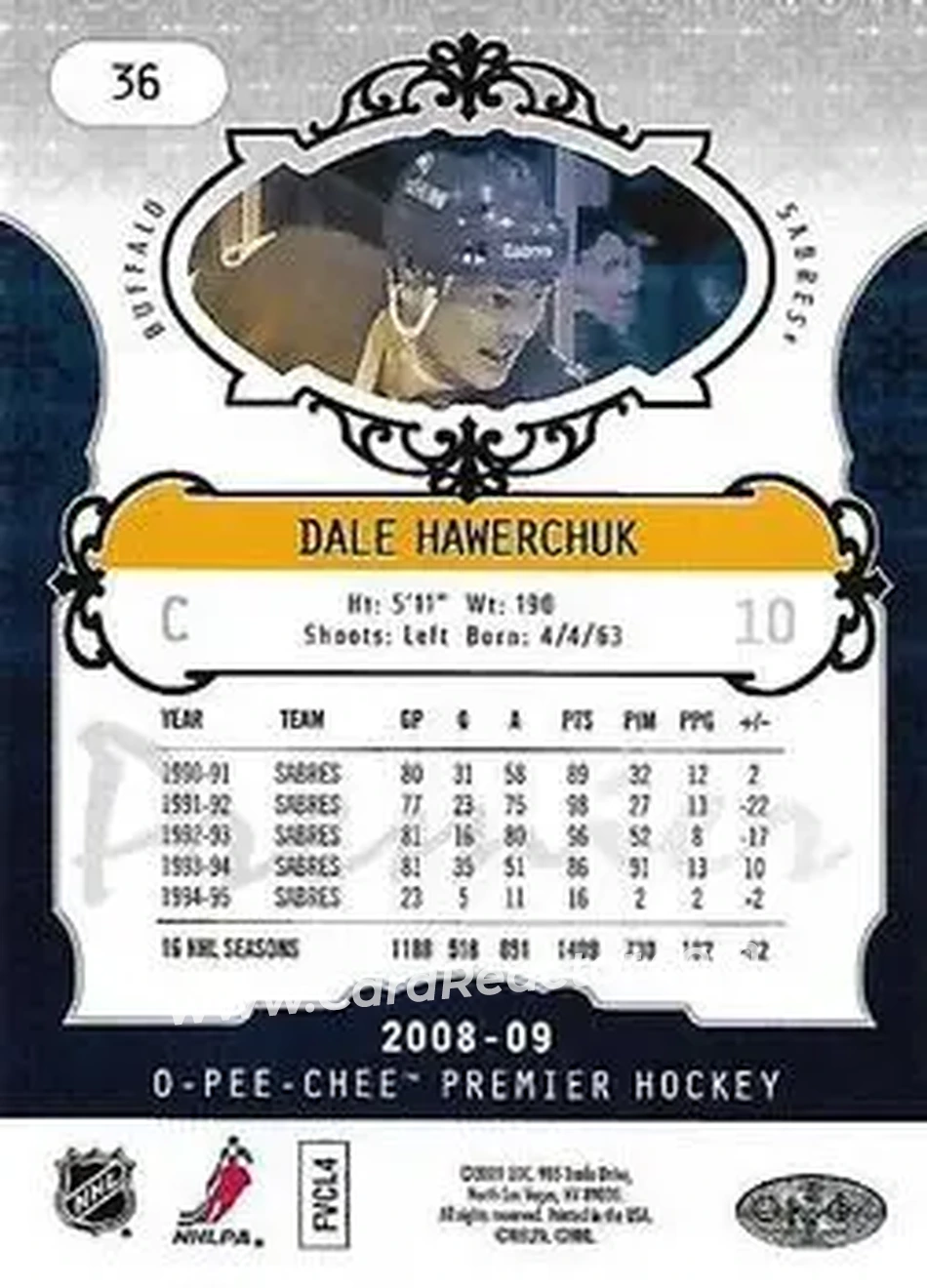 2008-09 O-Pee-Chee Premier #36 - Dale Hawerchuk - Buffalo Sabres - Back