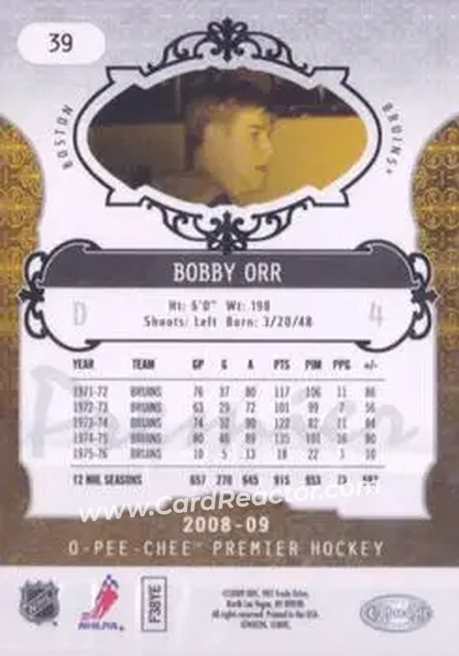 2008-09 O-Pee-Chee Premier #39 - Bobby Orr - Boston Bruins - Back
