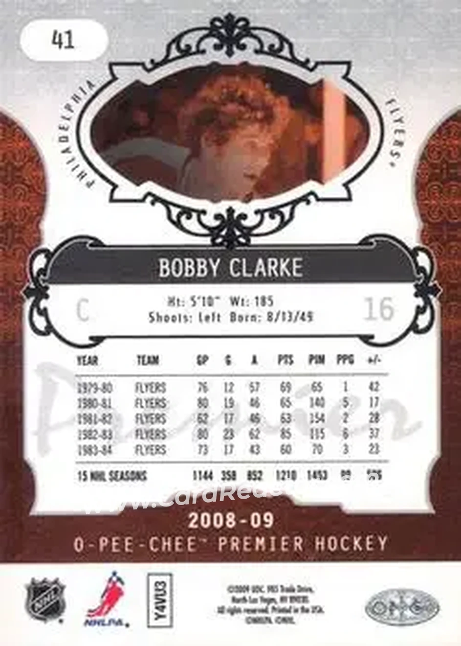 2008-09 O-Pee-Chee Premier #41 - Bob Clarke - Philadelphia Flyers - Back 2008-09 O-Pee-Chee Premier #41 - Bob Clarke - Philadelphia Flyers - Back