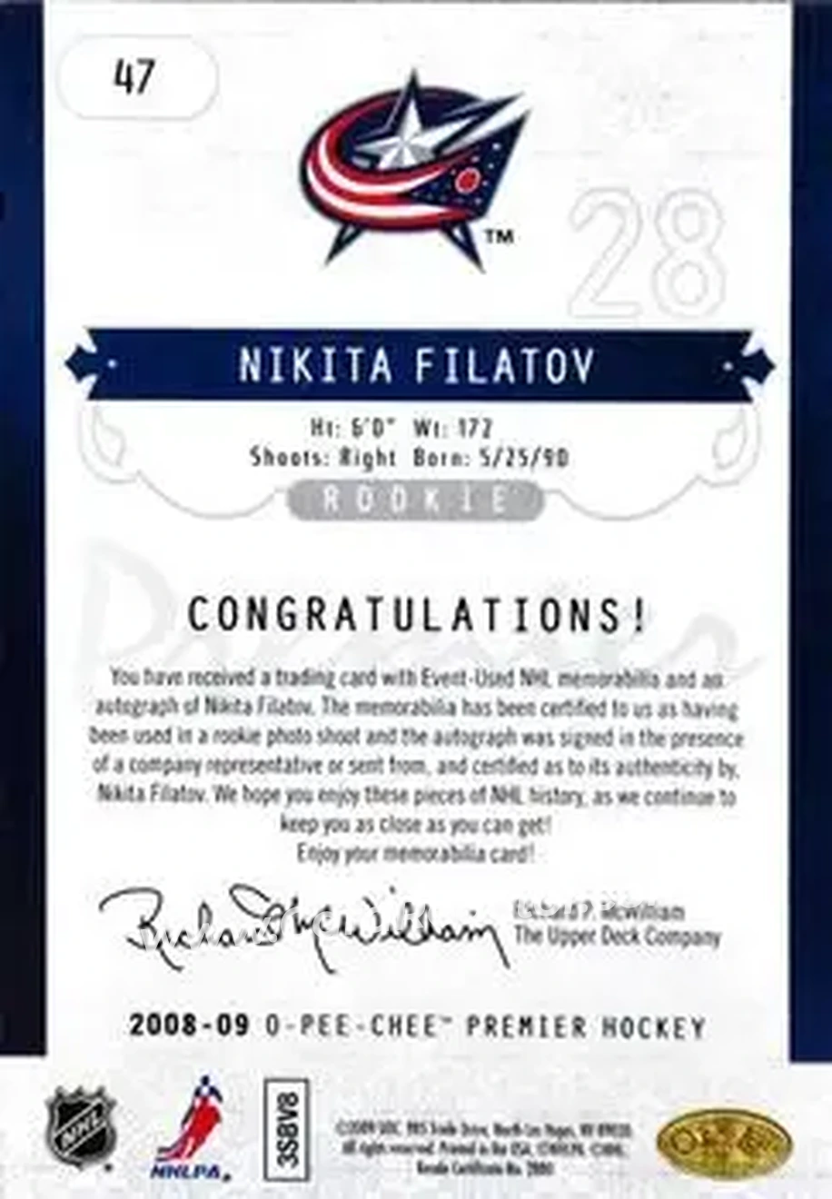 2008-09 O-Pee-Chee Premier #47 - Nikita Filatov - Columbus Blue Jackets - Back