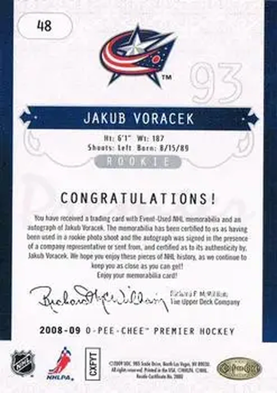 2008-09 O-Pee-Chee Premier #48 - Jakub Voracek - Columbus Blue Jackets - Back 2008-09 O-Pee-Chee Premier #48 - Jakub Voracek - Columbus Blue Jackets - Back