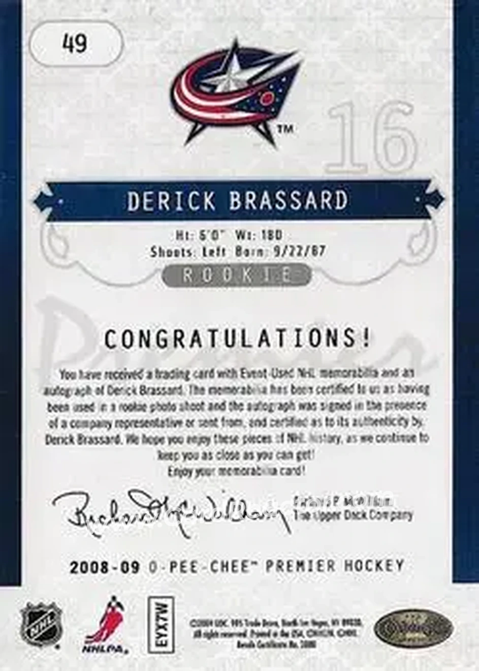 2008-09 O-Pee-Chee Premier #49 - Derick Brassard - Columbus Blue Jackets - Back