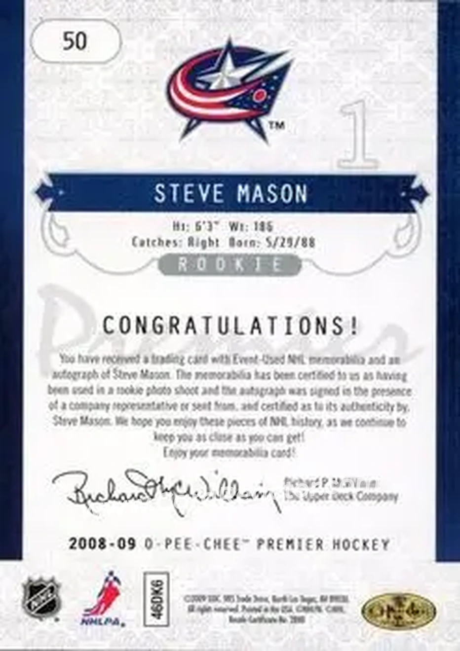 2008-09 O-Pee-Chee Premier #50 - Steve Mason - Columbus Blue Jackets - Back