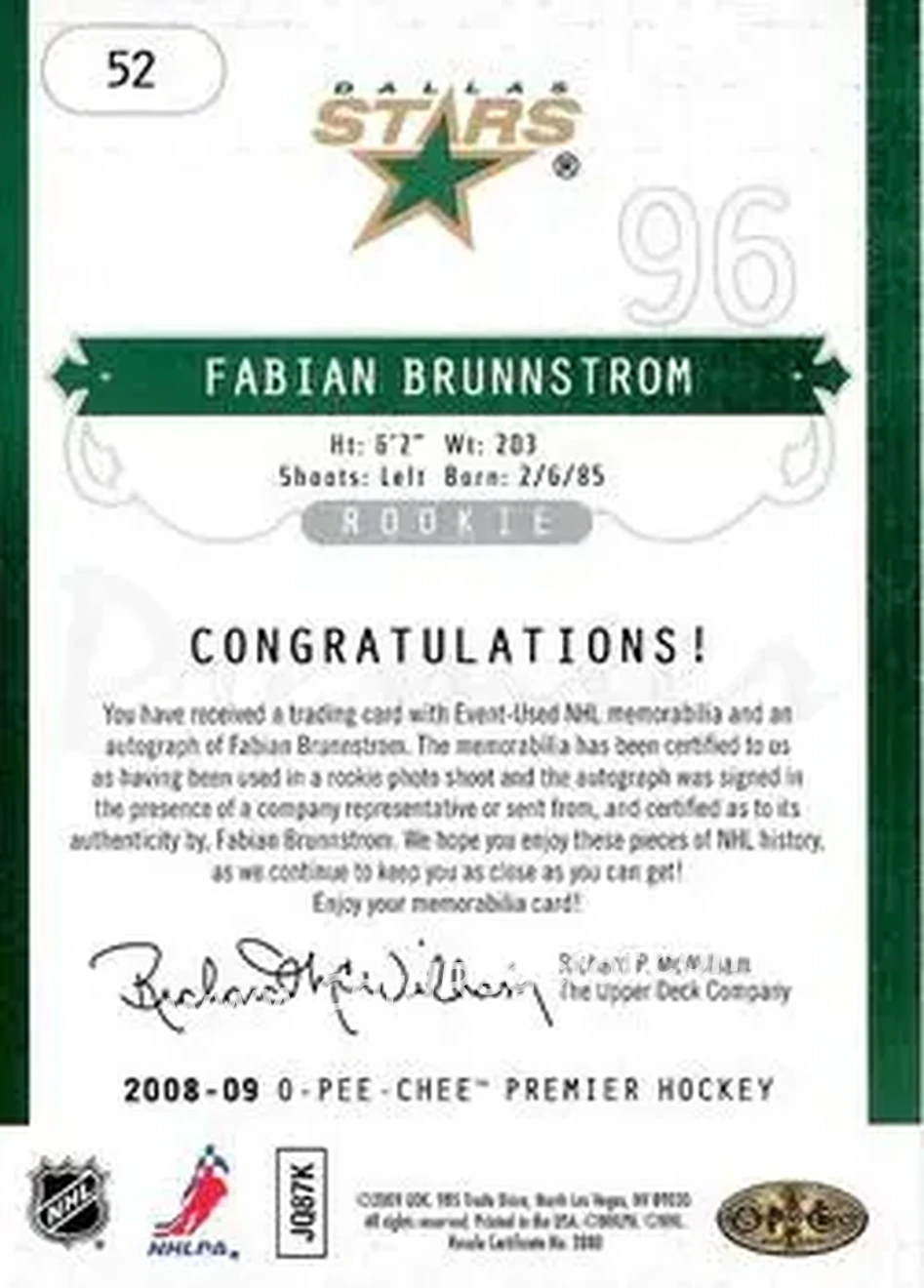2008-09 O-Pee-Chee Premier #52 - Fabian Brunnstrom - Dallas Stars - Back