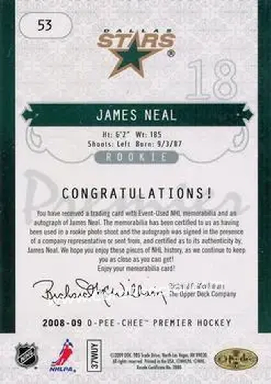 2008-09 O-Pee-Chee Premier #53 - James Neal - Dallas Stars - Back