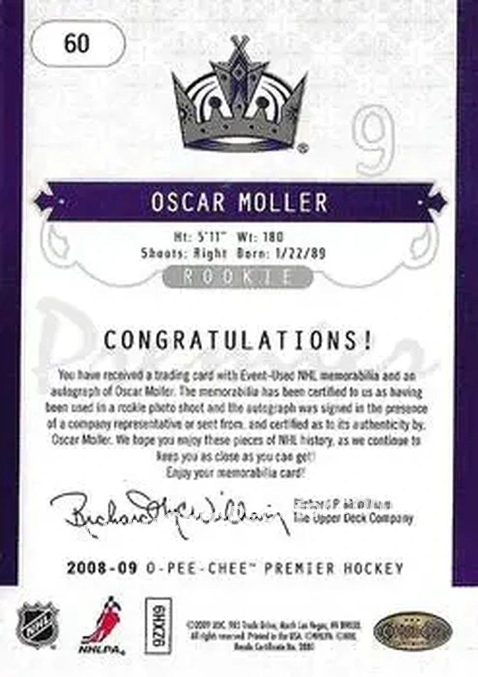 2008-09 O-Pee-Chee Premier #60 - Oscar Moller - Los Angeles Kings - Back