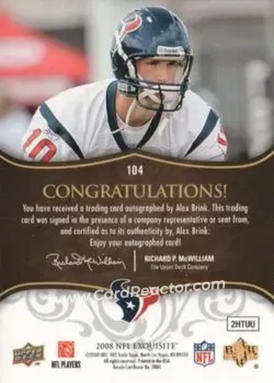 2008 Upper Deck Exquisite Collection #104 - Alex Brink - Houston Texans - Back