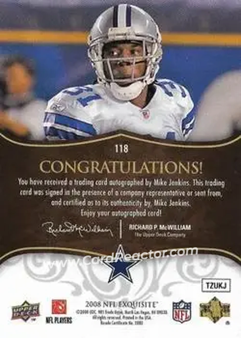 2008 Upper Deck Exquisite Collection #118 - Mike Jenkins - Dallas Cowboys - Back