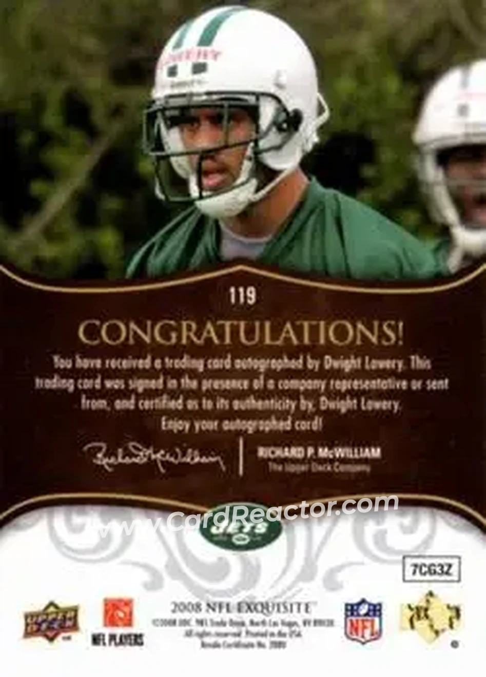 2008 Upper Deck Exquisite Collection #119 - Dwight Lowery - New York Jets - Back