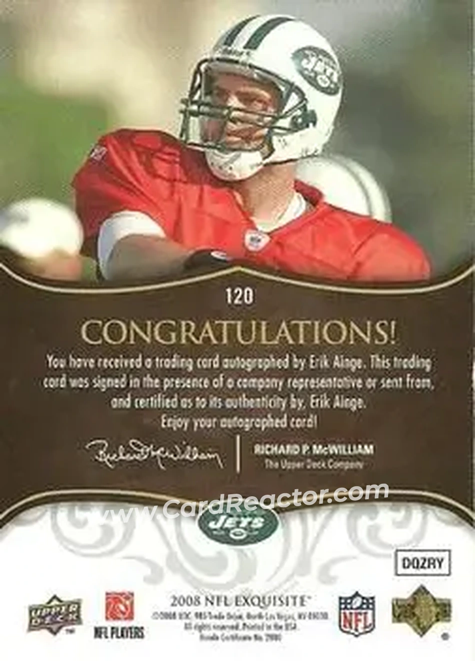 2008 Upper Deck Exquisite Collection #120 - Erik Ainge - New York Jets - Back