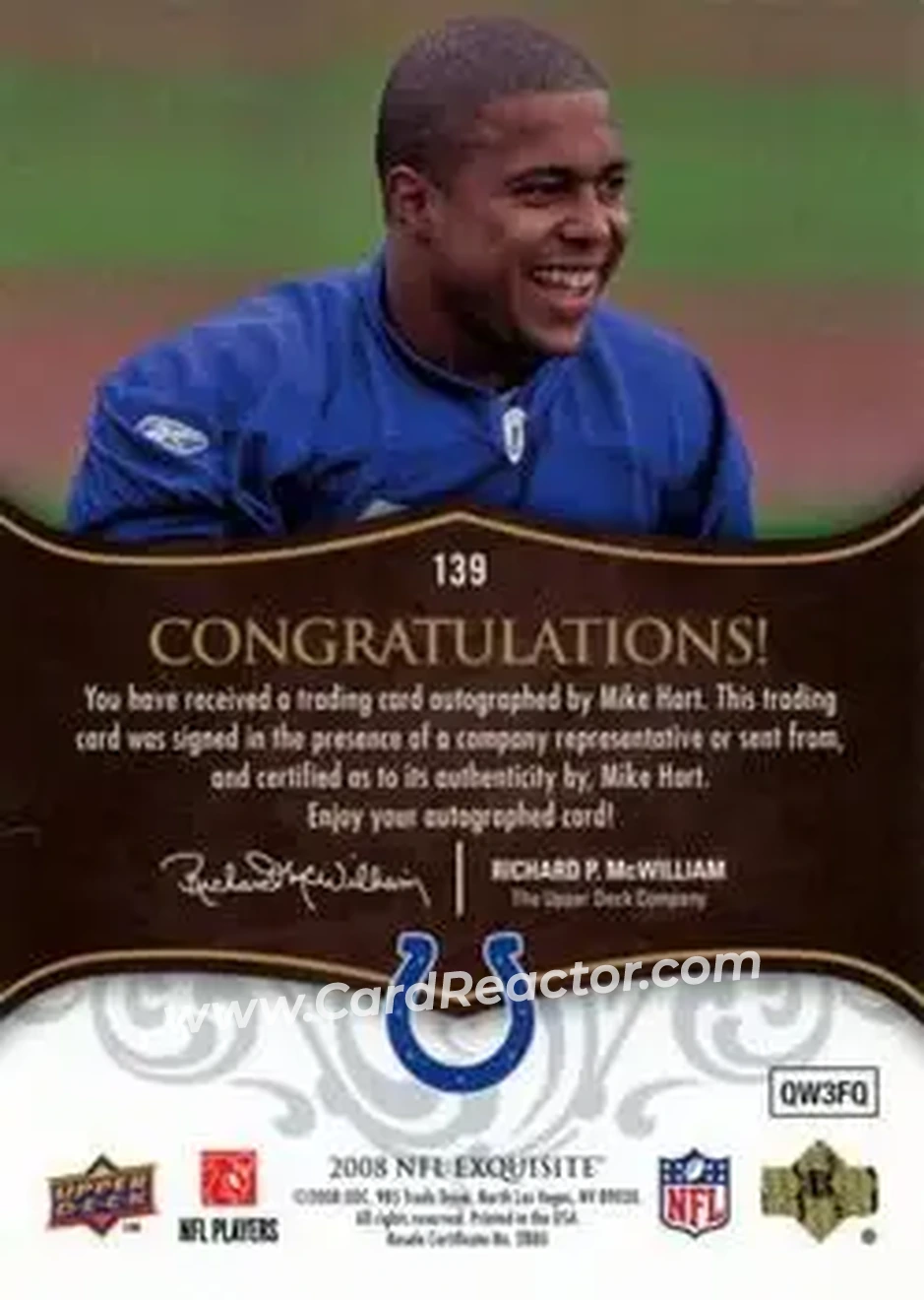 2008 Upper Deck Exquisite Collection #139 - Mike Hart - Indianapolis Colts - Back 2008 Upper Deck Exquisite Collection #139 - Mike Hart - Indianapolis Colts - Back