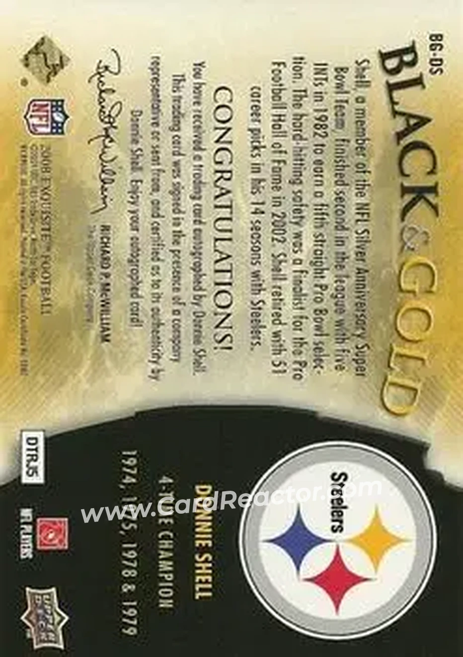 2008 Upper Deck Exquisite Collection - Black and Gold Steelers Champion Redemptions #BG-DS - Donnie Shell - Pittsburgh Steelers - Back