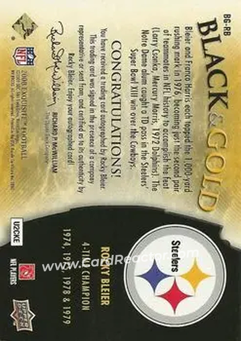 2008 Upper Deck Exquisite Collection - Black and Gold Steelers Champion Redemptions #BG-RB - Rocky Bleier - Pittsburgh Steelers - Back