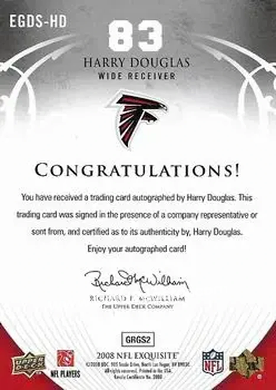 2008 Upper Deck Exquisite Collection - Debut Signatures #EGDS-HD - Harry Douglas - Atlanta Falcons - Back 2008 Upper Deck Exquisite Collection - Debut Signatures #EGDS-HD - Harry Douglas - Atlanta Falcons - Back