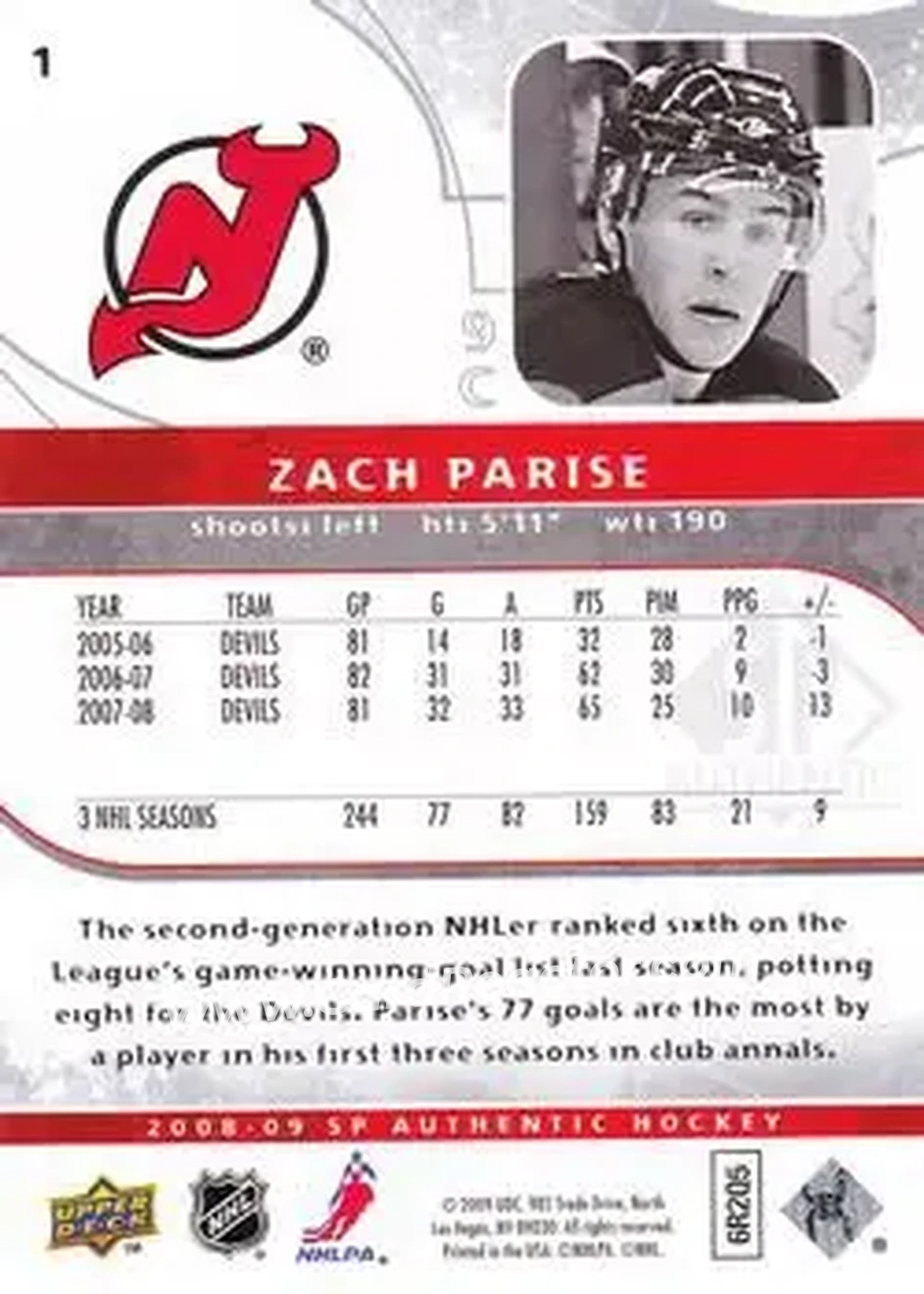 2008-09 SP Authentic #1 - Zach Parise - New Jersey Devils - Back