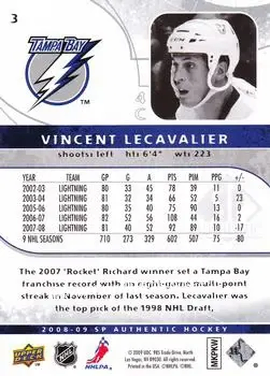 2008-09 SP Authentic #3 - Vincent Lecavalier - Tampa Bay Lightning - Back