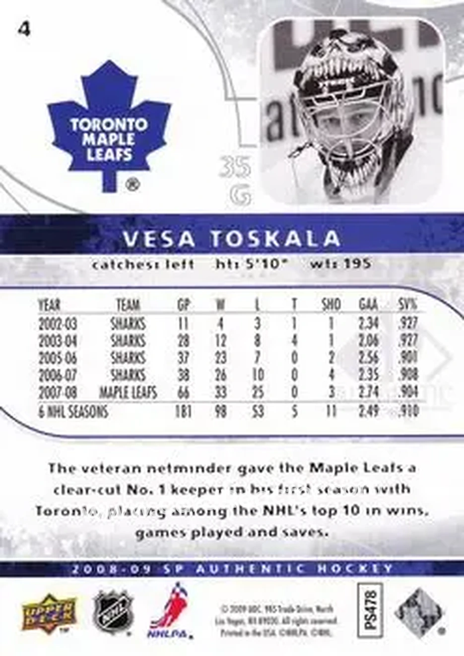 2008-09 SP Authentic #4 - Vesa Toskala - Toronto Maple Leafs - Back